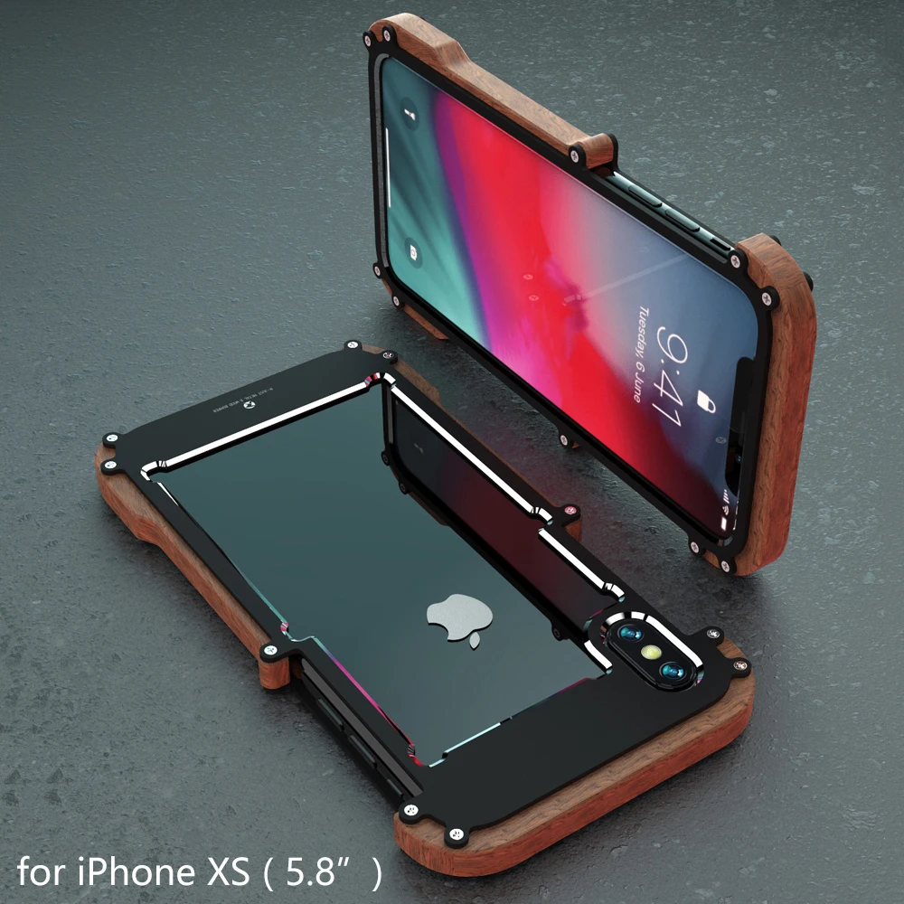 

R-just For iPhone XS MAX Cover Case Luxury Hard Wood Metal Aluminum Alloy Armor Shockproof Phone Case for iPhone X XR Back Cover