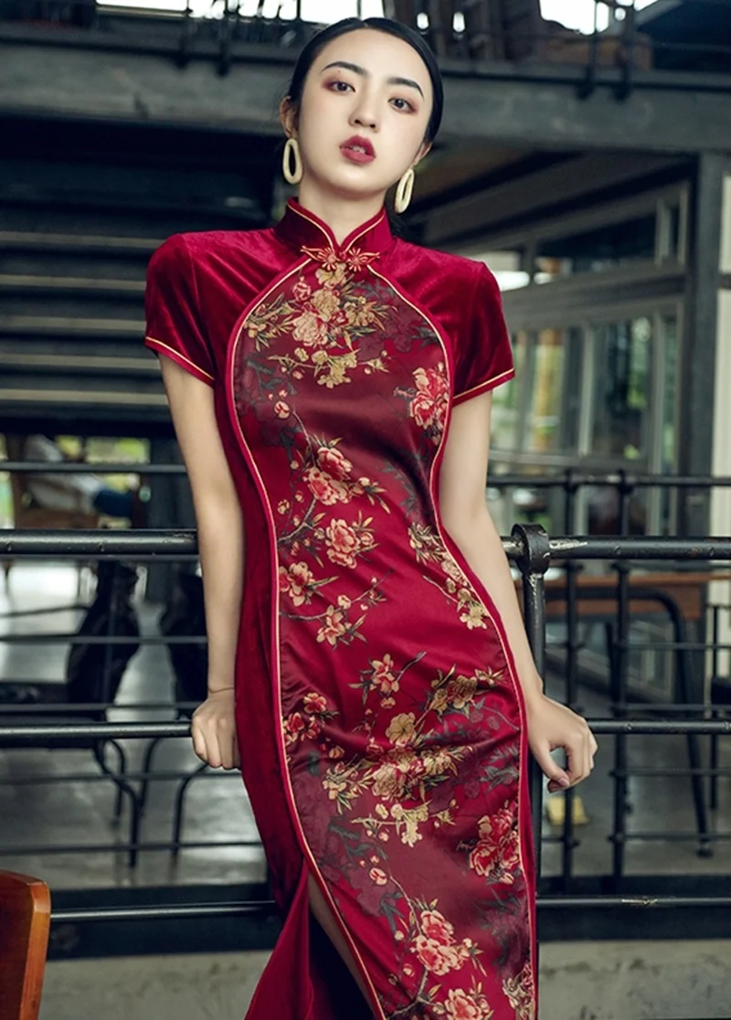 Китайское стильное платье Cheongsam Qipao бархатное лоскутное платье с разрезом миди элегантные китайские платья вино сексуальное восточное платье FF1751
