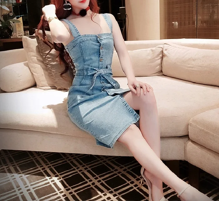 L&ampY Single Breasted Jeans Dress Women Vestidos Vintage Fashion Square Neck Pocket Bow Sexy Slit Slim Ladies Denim Summer | Женская