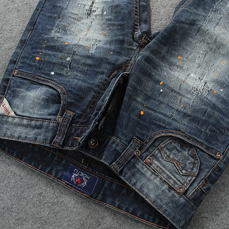 

Fashion Streetwear Men Jeans Retro Wash Destroyed Paint Designer Ripped Jeans Men Hip Hop Pants Slim Fit Elastic Printed Jeans