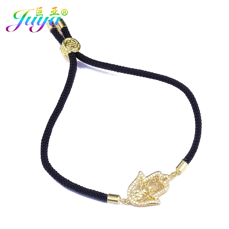 gold black rope Juya Хамса Браслеты микро проложить Циркон регулируемые веревки цепи браслеты «Фатима» подходят для женщин мужчин турецкий подарок ювелирные изделия - Окраска металла: gold black rope
