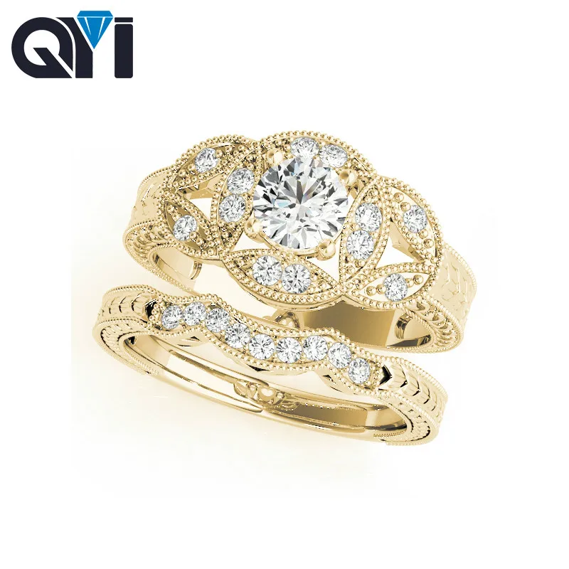 Customized 14K Yellow Gold Rings Sets Round 0.5 Carat Moissanite Diamond Women 's Engagement Wedding Ring