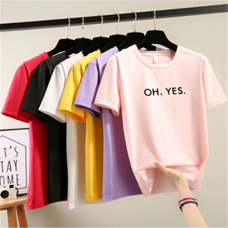 Женская футболка с буквенным принтом Oh Yes желтая круглым вырезом и коротким