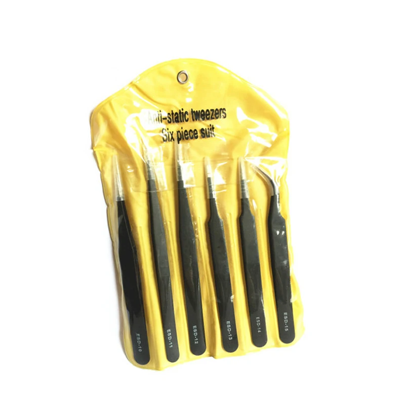 

6pcs=One Set Professional Anti-Static Stainless Steel Tweezers Maintenance Tools Kits For small electronics Repair