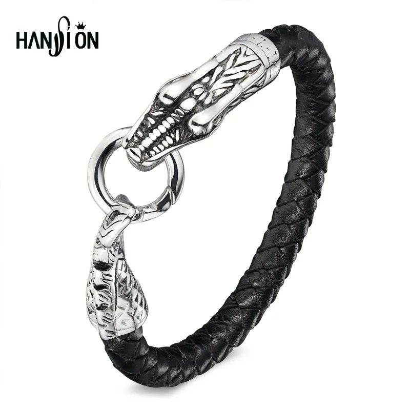 Мужской винтажный браслет со змеиным дизайном черный кожаный на шнурке из