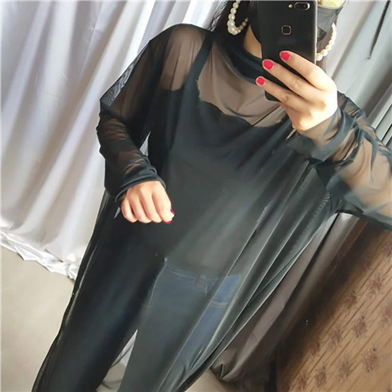 [EAM] New Autumn Winter High Collar Long Sleeve Black Mesh Perspective Colorful Long Big Size Dress Women Fashion JU790