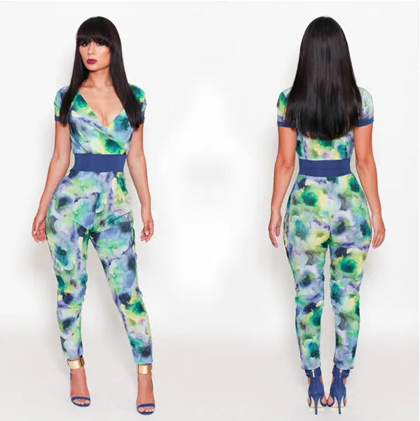 women bodysuit overall Printed high waist graceful hot selling playsuit celebrity elegant club party bandage rompers M608 |