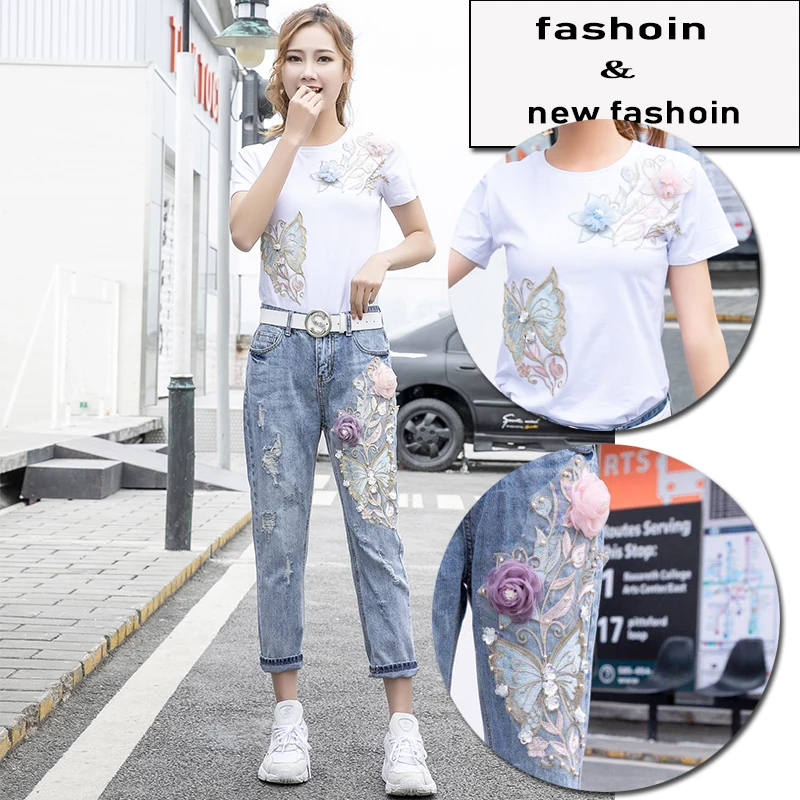 Роскошный Летний джинсовый костюм новые повседневные футболки с блестками и