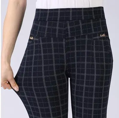 Navy blue and thin Осень-зима, женские брюки в клетку, теплые, плюс размер, вельветовые, тонкие, высокая талия, тянущиеся, узкие брюки, женские брюки, harajuku - Цвет: Navy blue and thin
