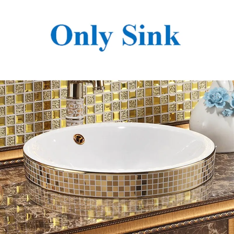 Only sinks Сусальным золотом Круглый искусства бассейна Европейский Керамическая умывальник Американский Настольный бассейна полу встраиваемый раковины для ванной столешницы бассейна - Цвет: Only sinks