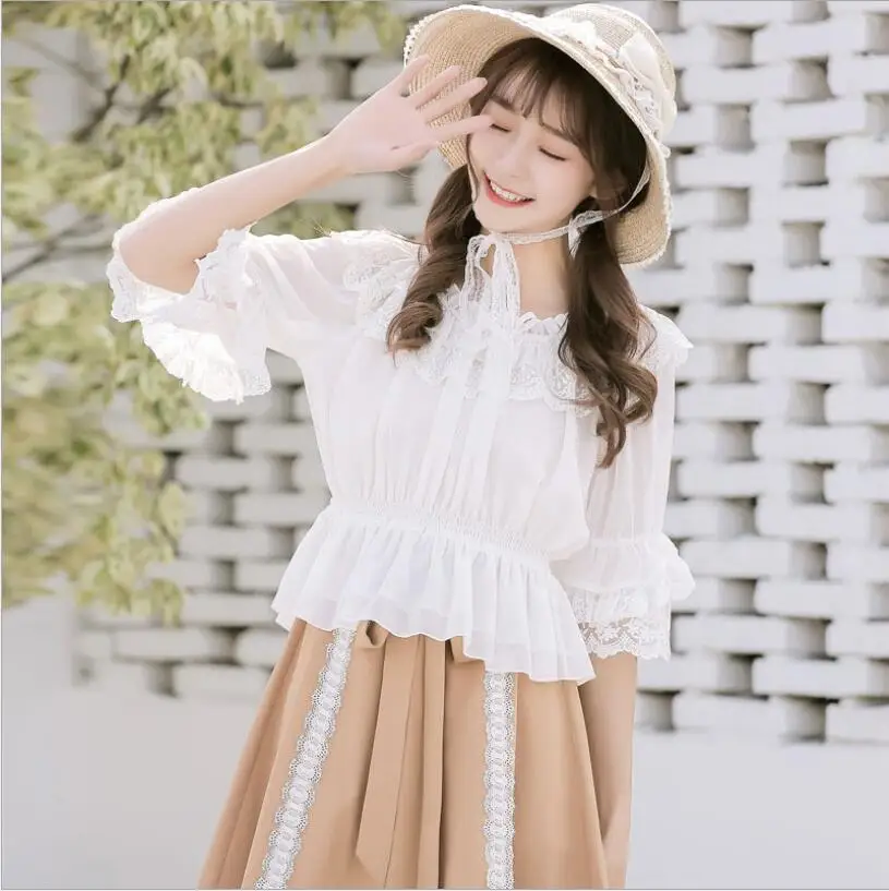 Новинка 2019 милая и шифоновая рубашка в стиле &quotЛолита&quot с короткими рукавами