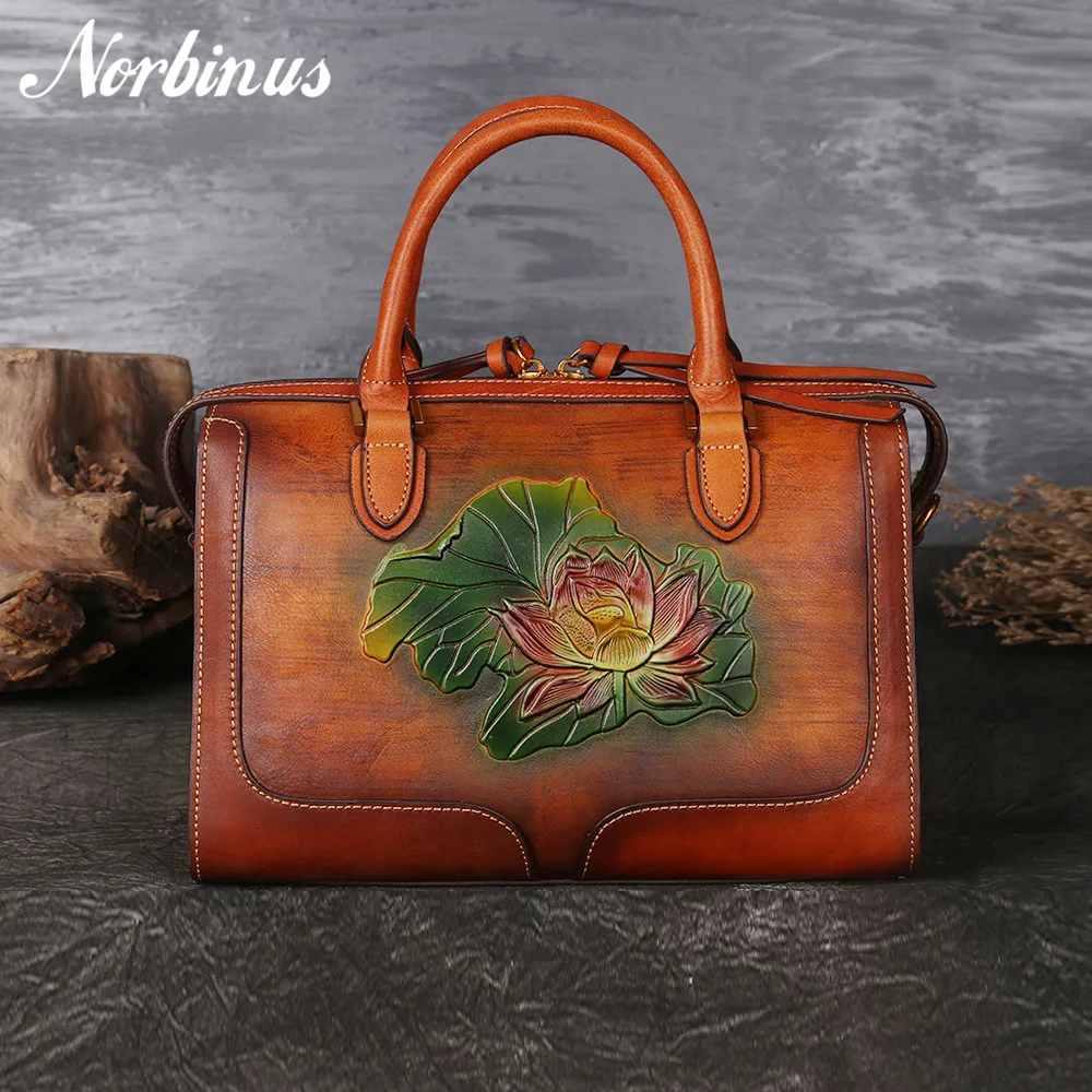 Norbinus 100% Genuine Leather Shoulder Bag Lotus Pattern Crossbody Handbag Tote Natural Skin Women Top Handle Bags Embossing Bag