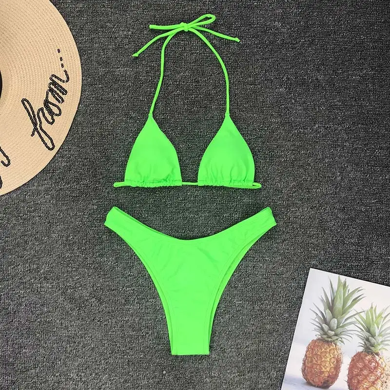 Neon Green Сексуальный пуш-ап бикини стринги Купальный костюм женский микро треугольник Бандаж Бикини mujer красный купальник неоновый зеленый купальник Монокини - Цвет: Neon Green