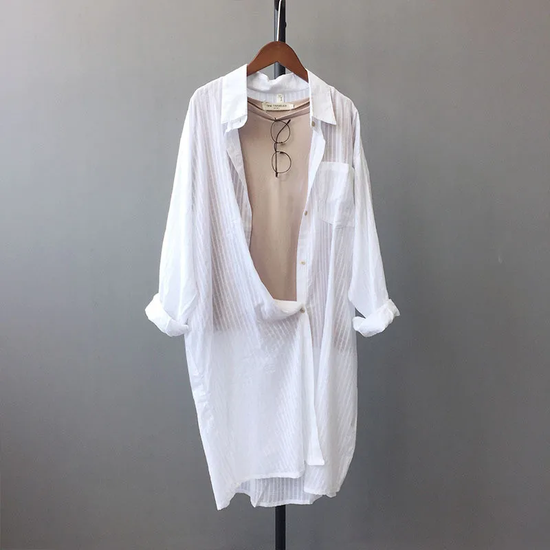 

Casual White Long Blouse Women 2018 Spring Cotton Women Long Sleeve Black Shirts Blouse Sunproof loose Blouse Tops