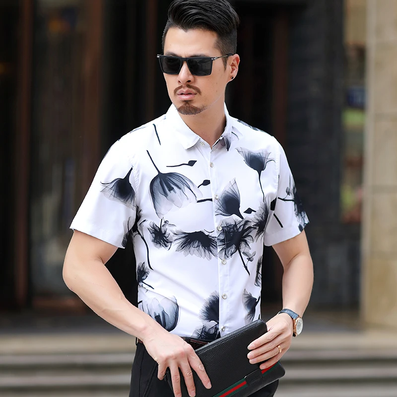 Men's Casual Shirts New Fashion Chinese Style Ink Painting Short Sleeve Shirt Men Flower Hawaiian Beach Plus M-7XL | Мужская одежда