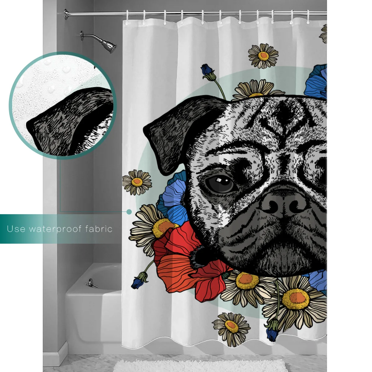 Cute Flower And Dog Extra Long Fabric Bath Shower Curtains 3D Ancient World Mildew-resistant Bathroom Decor Sets with Hooks | Дом и сад