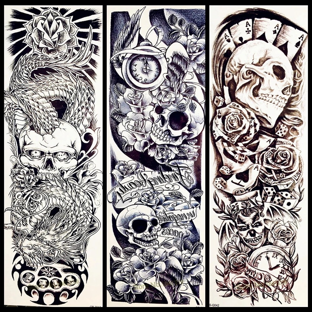 

25 Design Rose Skull Punk Big Flower Arm Temporary Tattoo Men Armband Waterproof Fake Black Tattoo Women Shoulder Sleeve GQSQ042