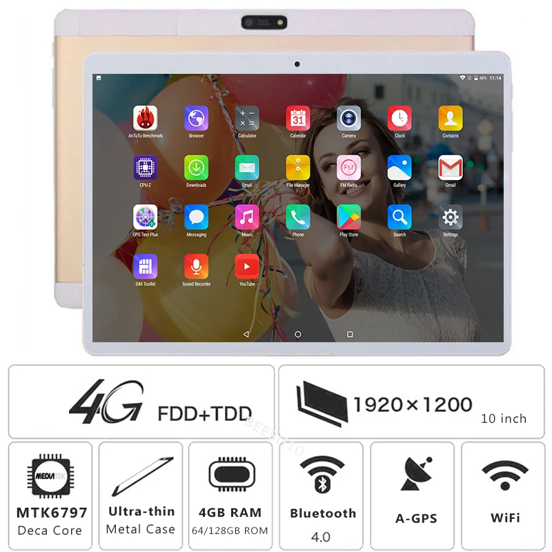 10-дюймовый Deca Core 4G FDD LTE планшетный ПК 4 ГБ ОЗУ 128 Гб ПЗУ 8.0MP gps 1920*1200 Android 7,0 планшет 10 ядер 10,1+ подарки