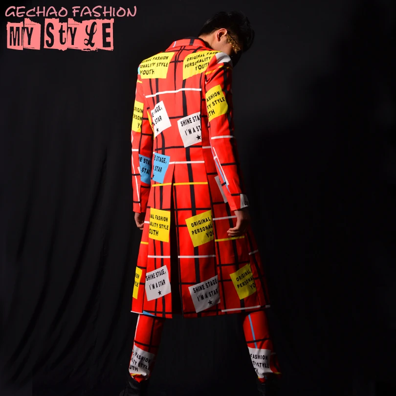 

M-6XL!!Nightclub Bar Male Singer DSGD Red Line Letters Big Long Bar Performance Costumes.