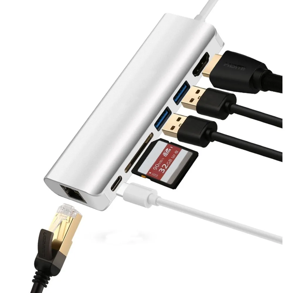 USB-C Hub алюминиевый адаптер типа C с HDMI портом порт Gigabit Ethernet USBC Power Delivery 2 USB 3 0 s SD