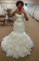 hot sale sweetheart mermaid wedding dresses with beaded belt sweep train organza ruffles bridal gowns 2021