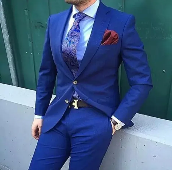 Модный высококачественный Королевский синий приталенный мужской деловой костюм
