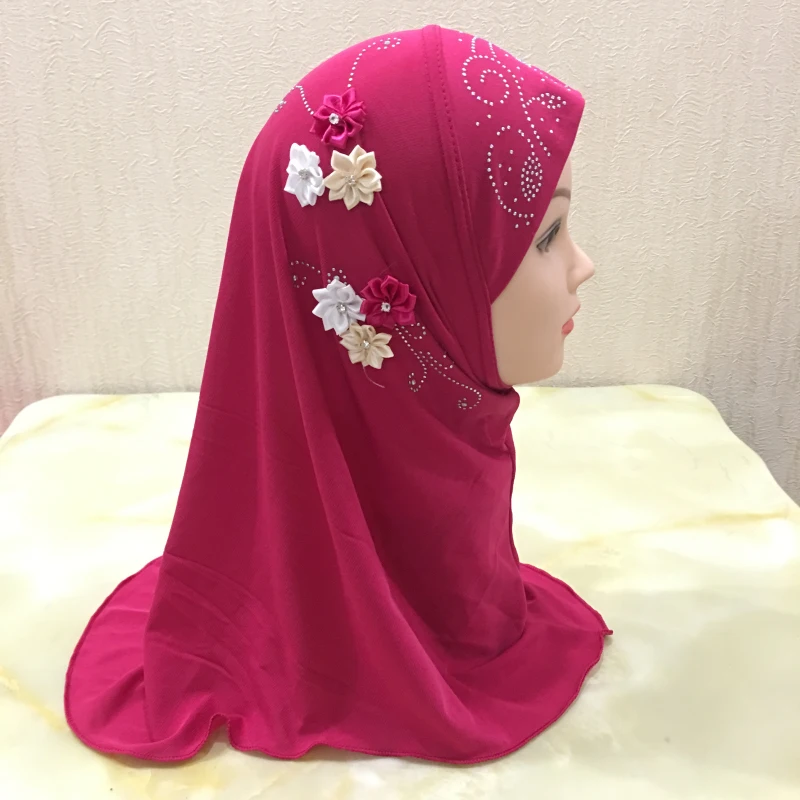 H1390 beautiful small girl hijab with flowers and rhinestones islamic scarf hijab hats