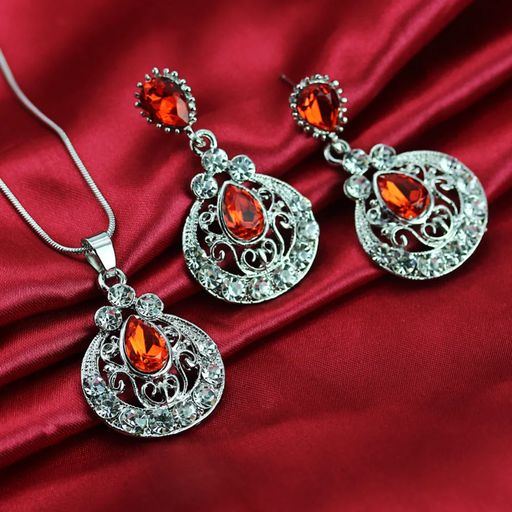 Turkish Jewelry Women Crystal Necklace Earrings Set Wedding Silver Plated Carved Parure Bijoux Mariage Joyas 20 | Украшения и
