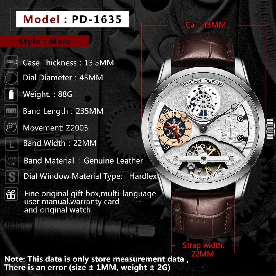 PAGANI Дизайн мужские часы лучший бренд класса люкс Tourbillon механические Водонепроницаемые кожаные каркасные часы с автоматическим подзаводом серии Voyager