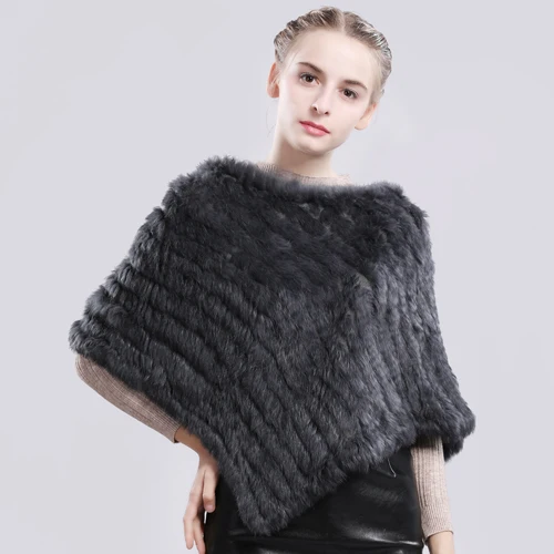 dark gray Модное пончо из натурального кроличьего меха, шарф из натурального кроличьего меха, вязаные эластичные женские вечерние шарфы из натурального кроличьего меха - Цвет: dark gray