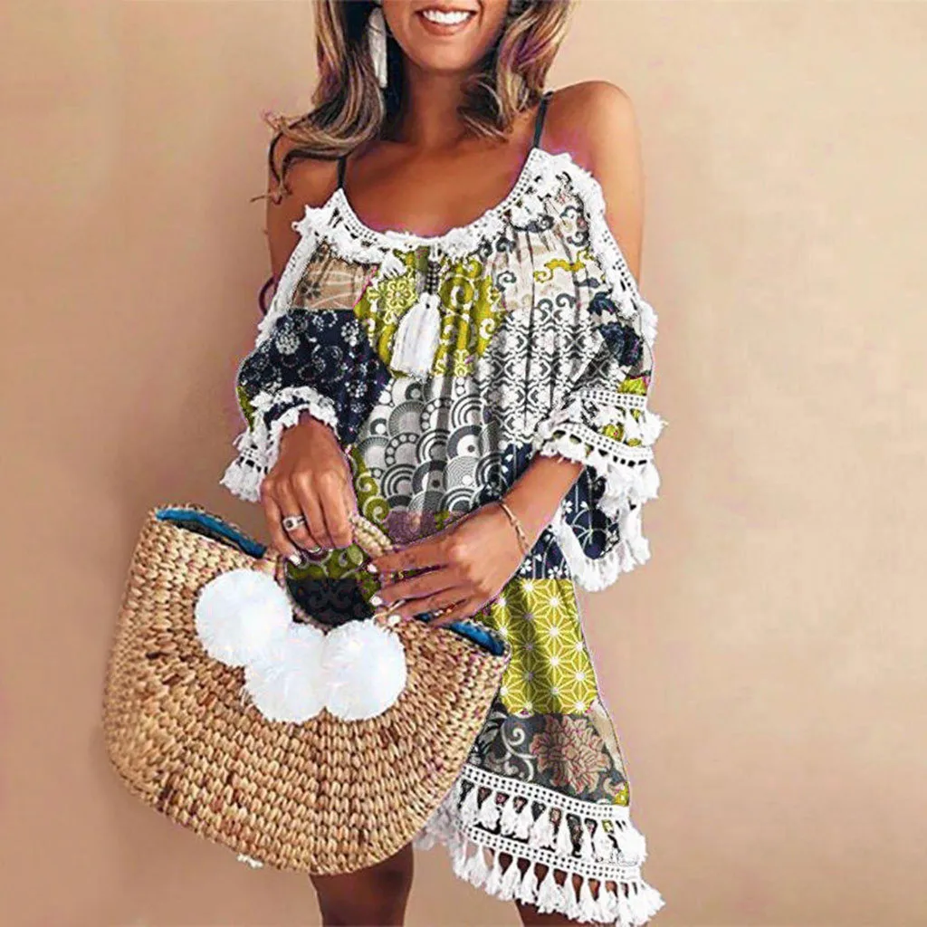 Женское платье с открытыми плечами богемное коктейльное кисточками и принтом Abito