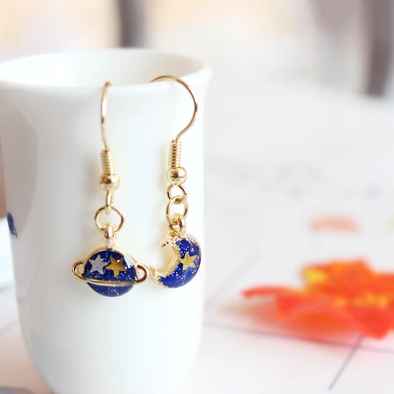 

Cartoon Cute Asymmetrical Blue Planet Moon Star Drop Earrings Long Dangle Earrings Fashion Jewelry For Women