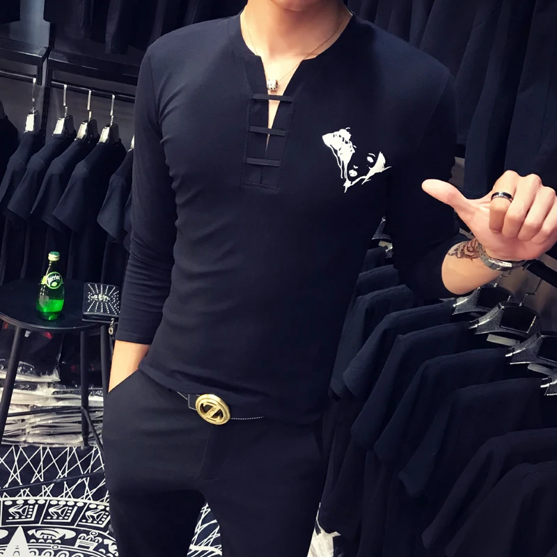 DEKUSI осень-зима Футболка мужская Bottomingshirt Повседневное Чистый цвет V воротник