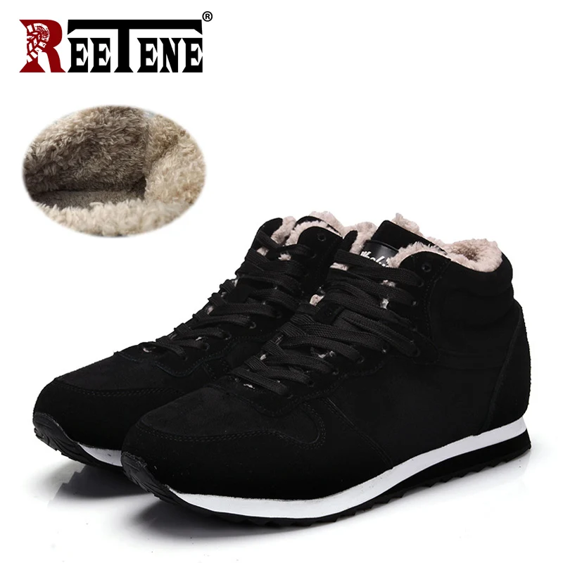 Black REETENE/зимние ботинки; мужская кожаная зимняя обувь; мужские дешевые зимние ботильоны из флока с мехом; мужские кроссовки размера плюс; botas hombre - Цвет: Black