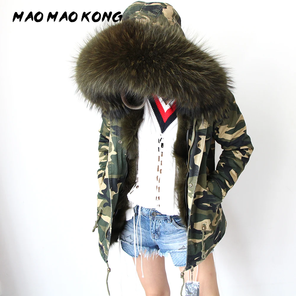 MAOMAO KONG2017, женское черное армейское зеленое большое пальто с капюшоном и воротником из меха енота, парки, верхняя одежда с подкладкой из лисьего меха, зимняя куртка