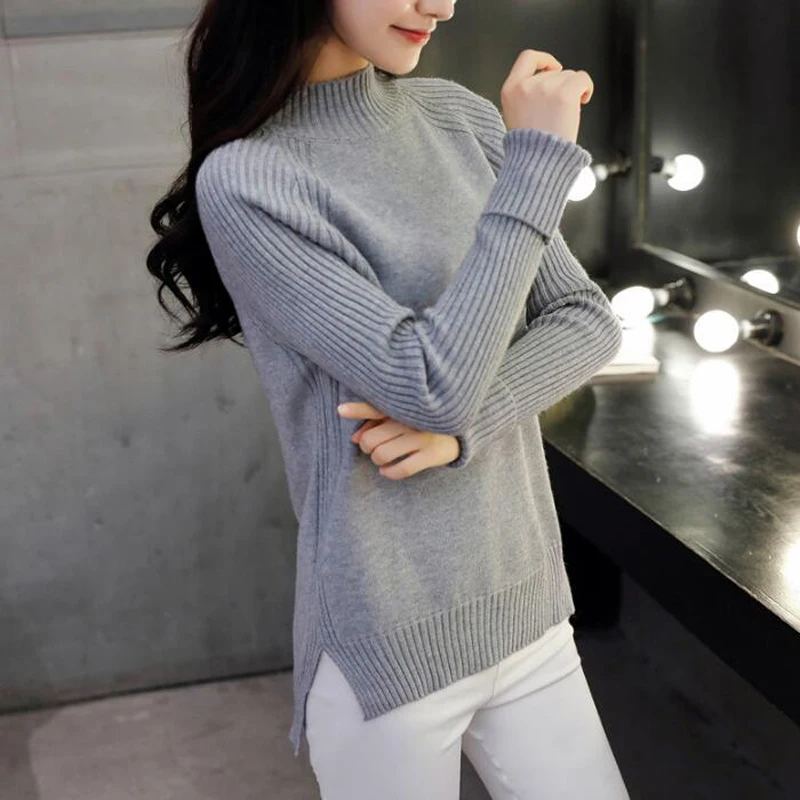 

Women Autumn Winter Slim Warm Knitted Half Turtleneck Sweater Pullovers 2018 Female Split tricot Jumper Pull Femme