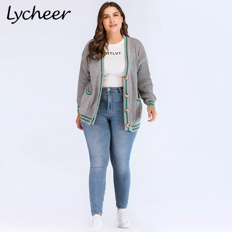 Lycheer плюс размер однобортный полосатый свитер Кардиган Женская одежда Осенняя