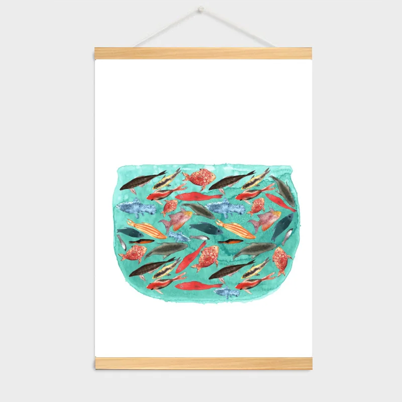 Мультяшный Кот Рыба Печать холст постер свиток картина на стену деревянная рамка