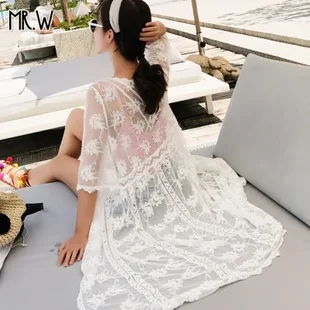 Женское шифоновое кимоно Boho белое длинное пляжное с принтом и кисточками