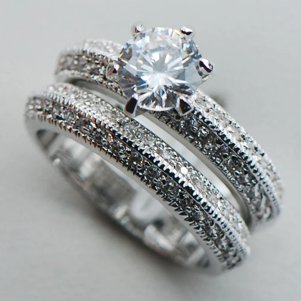 

White Crystal Zircon 925 Sterling Silver Engagement Wedding Two Ring Size 6 7 8 9 10 F1111