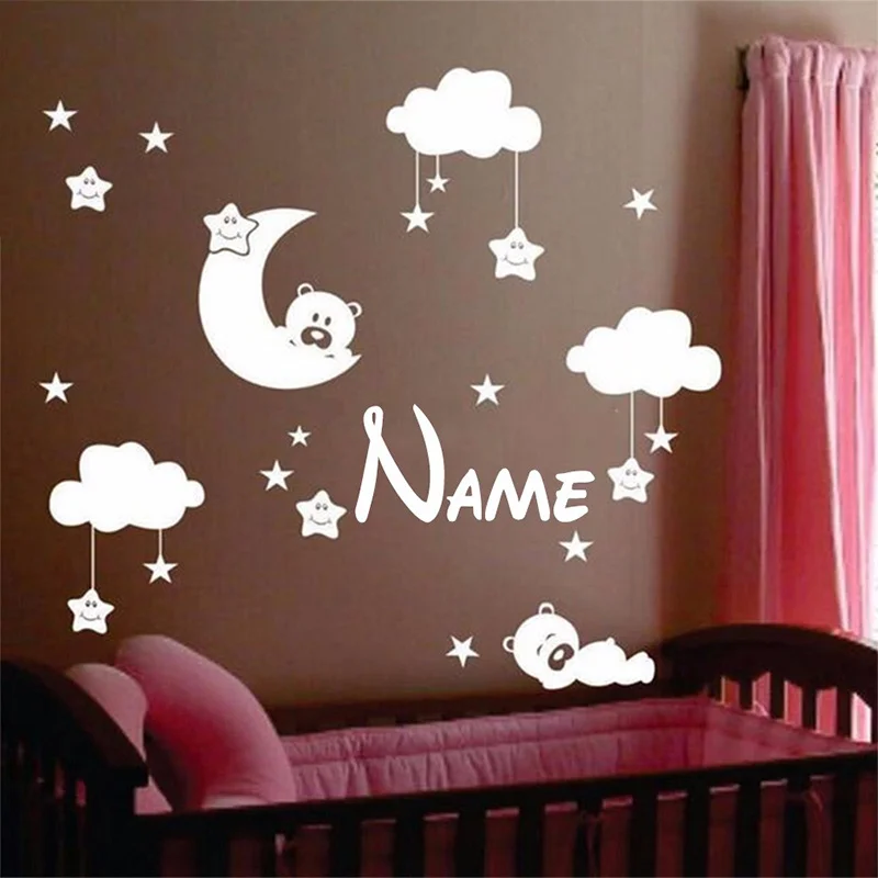 

Cute Large size baby nursery room moon and star vinyl wall stickers, cute smiling stars with white clouds baby room decor