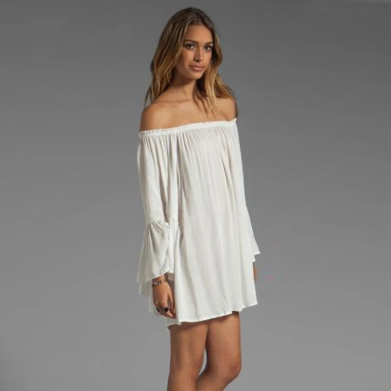 Пикантное женское шифоновое мини-платье с открытыми плечами и вырезом лодочкой
