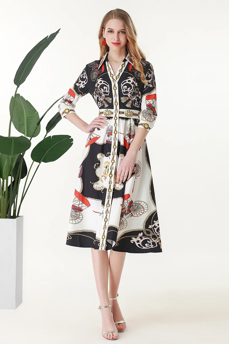 summer dress three quarter sleeves 2019 women diamonds beading office lady cotton print V-neck fashion elegant clothing | Женская одежда