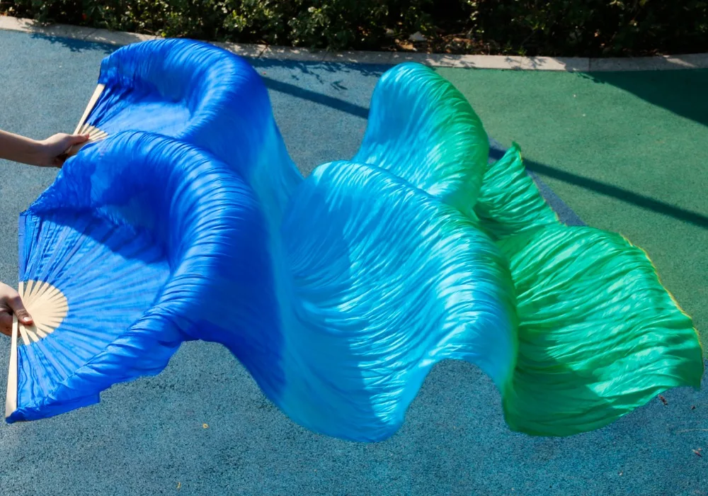 High selling 100% Real Silk Veils 1 Pair handmade women Quality Belly Dance Fan royal blue+turquoise+ green | Тематическая одежда