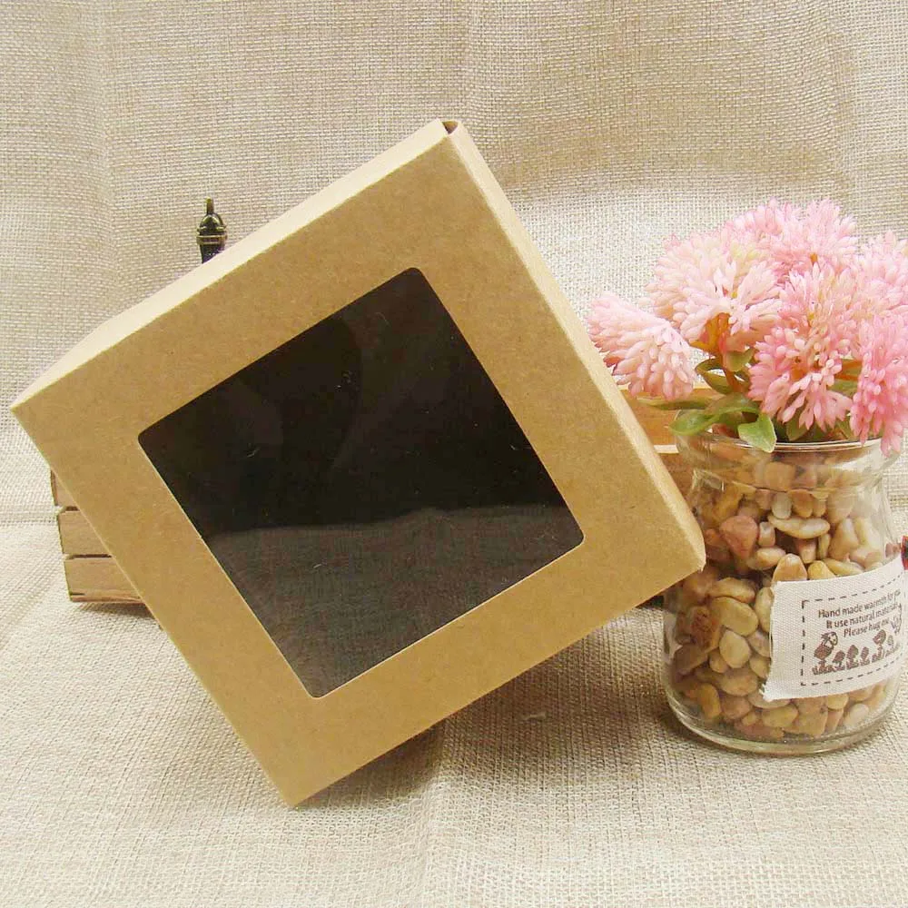 10*10* 10cm30pcs крафт-коричневая Свадебная коробка для конфет с прозрачное ПВХ окошко, Подарочная коробка на день рождения. Свадебные Сувениры Коробка с окошком