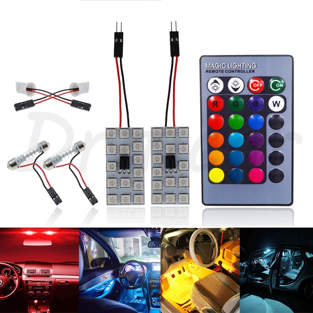T10 RGB 5050 12SMD Автомобильный светодиодный пульт дистанционного управления Rgb Светодиодная панель для автомобиля интерьер Авто светильник s чтение купол фестон BA9S адаптер DC 12v светильник