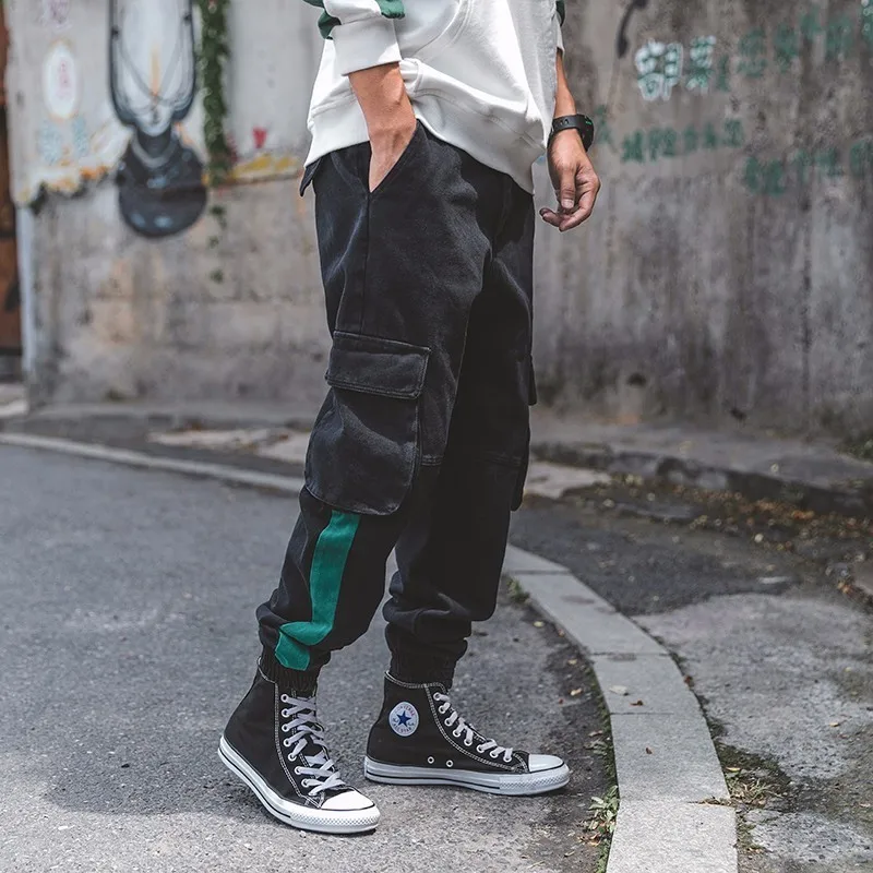 2018 Japanese Men's Fashion Pocket Decoration Hit Color Bound Feet Casual Cargo Pants Loose Black/Green Trousers Size M-3XL | Мужская