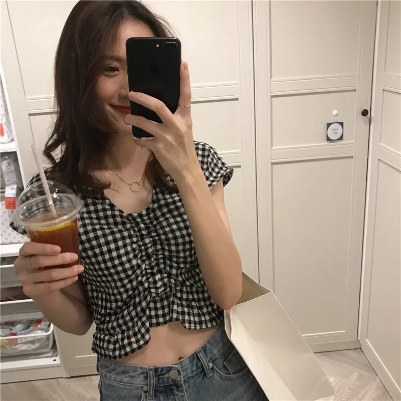 Женский короткий топ с V-образным вырезом маленькая винтажная короткая рубашка в