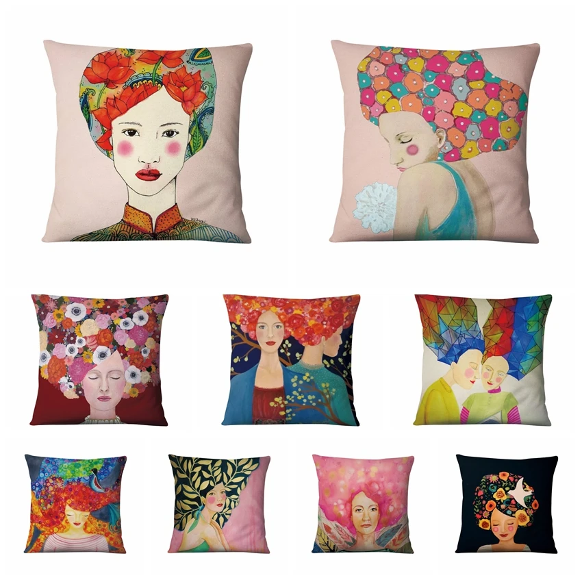 Креативная Акварельная иллюстрация наволочка красивая женщина в цветах Женский