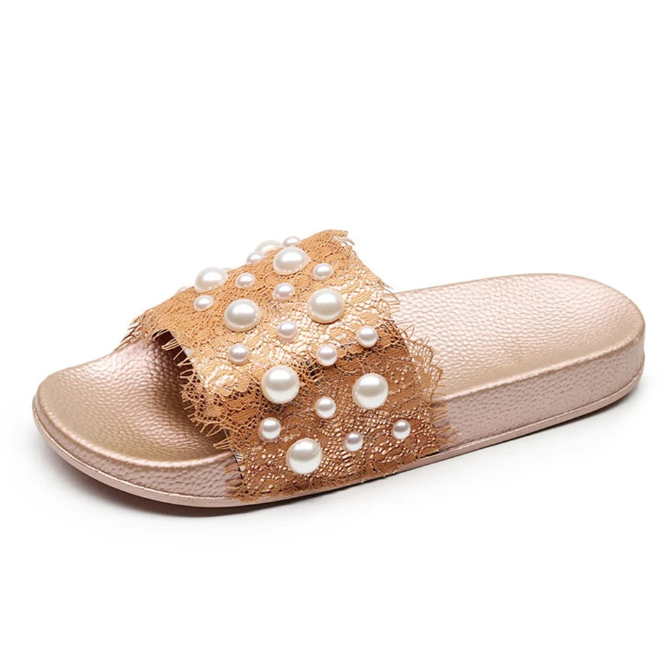Женские шлепанцы летние модные Босоножки с открытым носком украшенные жемчугом